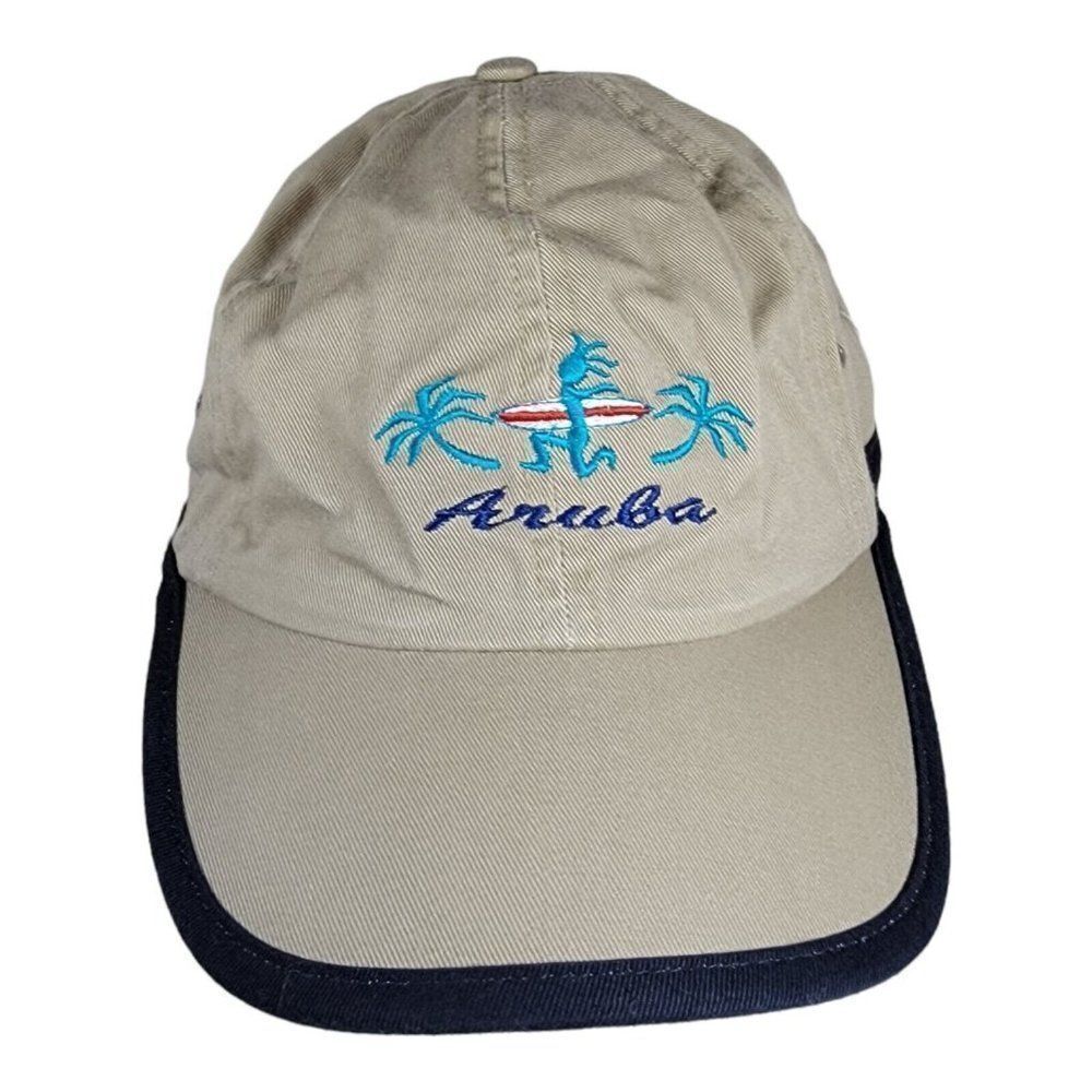 Vintage Aruba Surfboard Tan Hat Cap Strap Back One Happy Island Palm Tree Logo